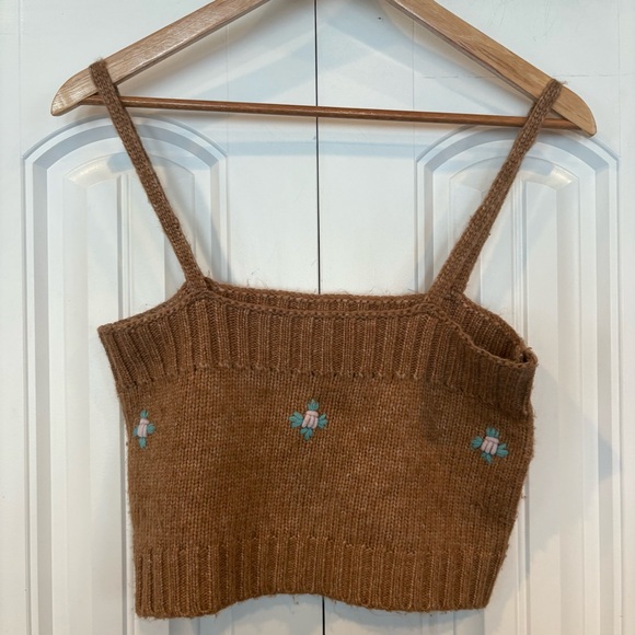 Hazel Moon Brown Embroidered Sweater Knit Crop Top Size XL - Picture 1 of 7